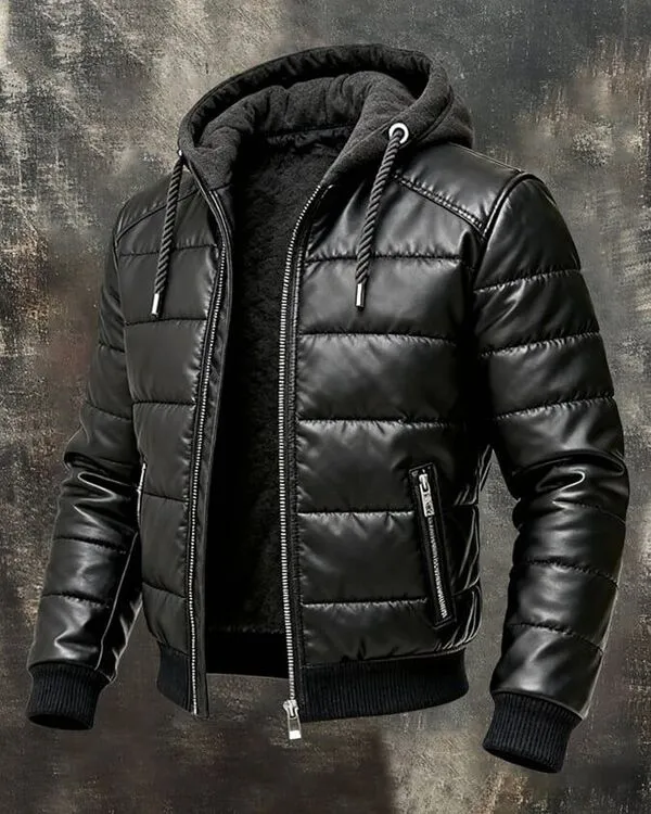 Hooded Leather Puffer jacket