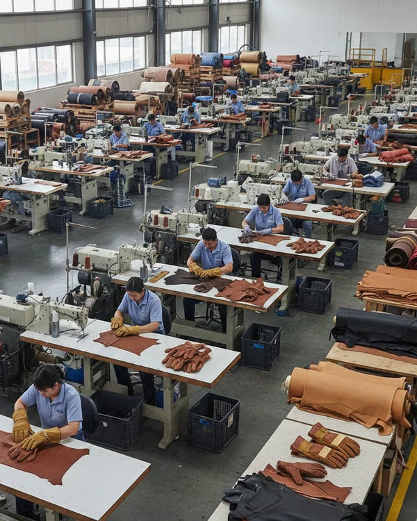 Workers Making Leather Safety Gloves in Factory